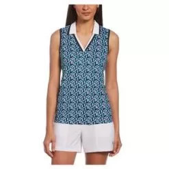 Penguin Women's Sleeveless Geo Print Tennis Polo Black Iris